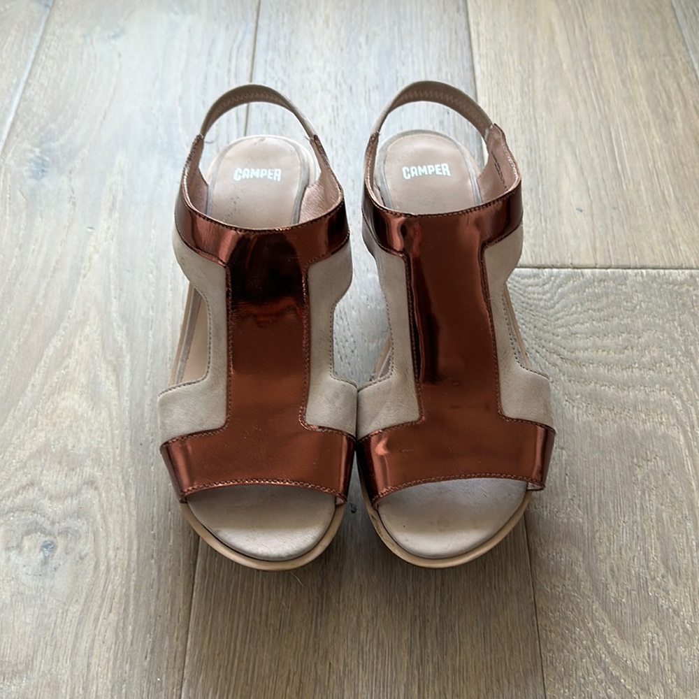 Camper copper and tan leather platform sandals